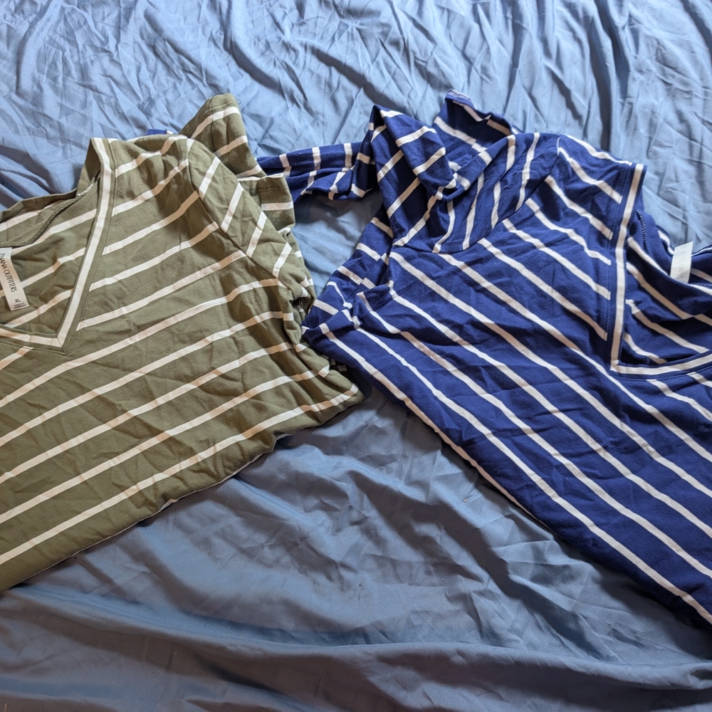 Striped V-Neck T-Shirts in Green and Blue